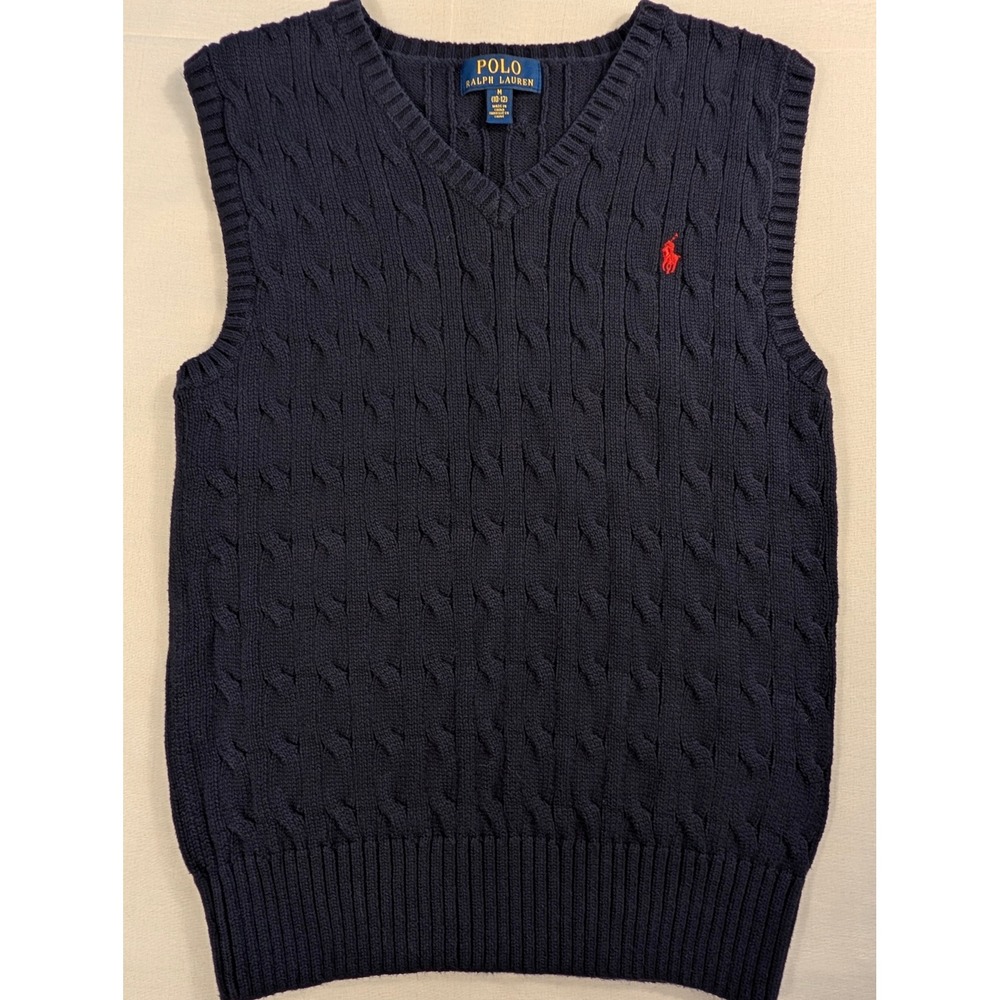 Polo Ralph Lauren Kids Sz M 10 to 12 Navy Blue Cable Knit V-Neck Sweater Vest